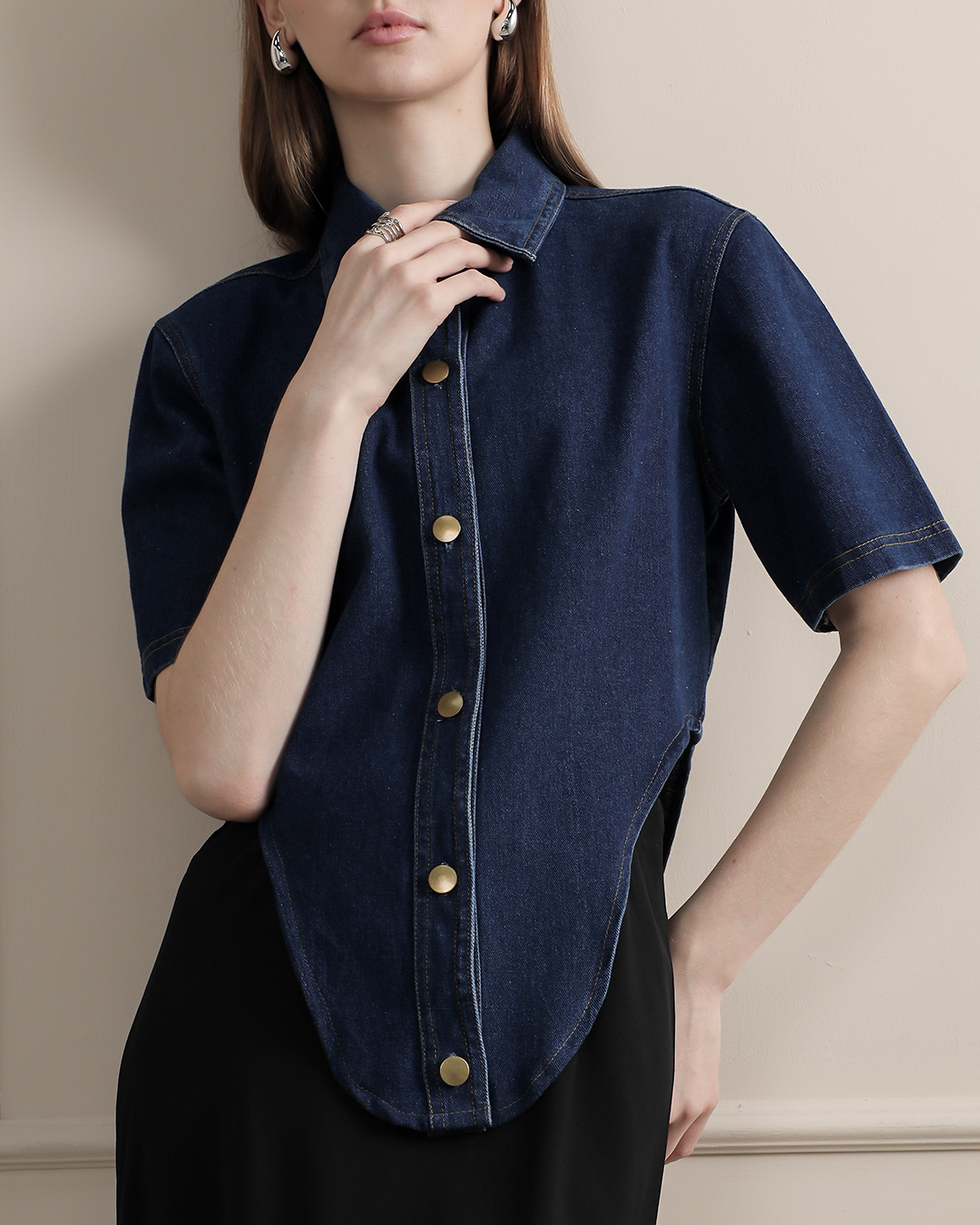 [Tutuloph] Luca Top | Atasan Denim Wanita Kerah Lengan Pendek | Asymmetric Denim Top | Casual Denim Collection | Regular Casual Big Size