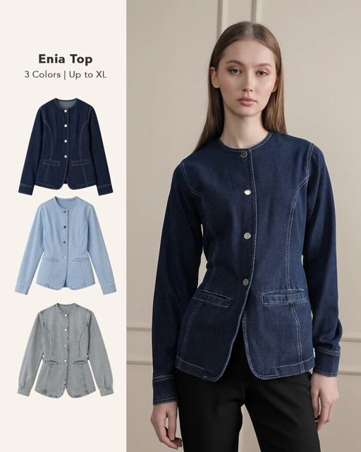 [Tutuloph] Enia Top | Atasan Denim Wanita Kancing Depan | Lengan Panjang Tali Belakang | Denim Jeans Casual | Regular Casual Big Size