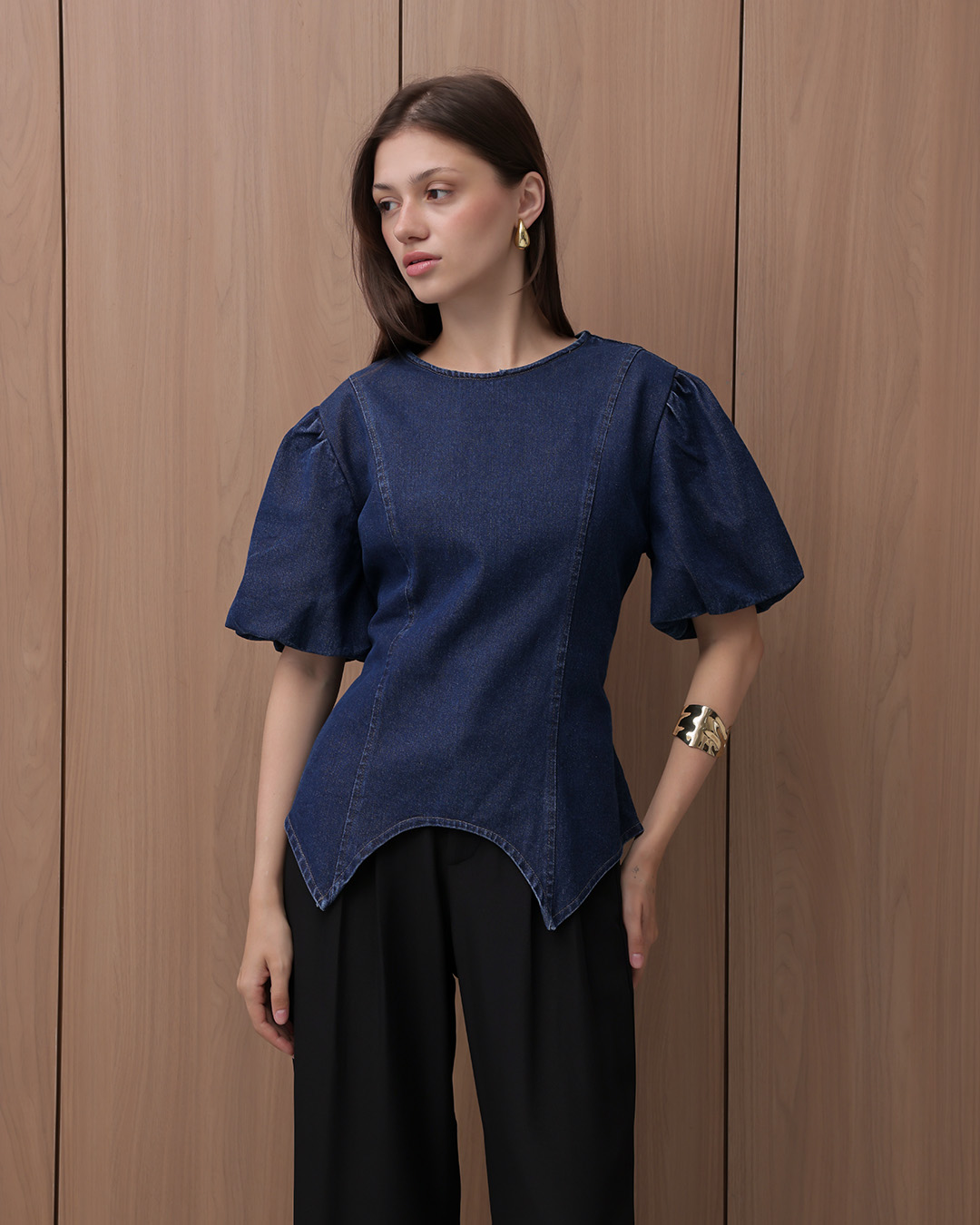 [Tutuloph] Cora Blouse | Atasan Denim Wanita Elegan | Lengan Pendek Puff | Denim Jeans Casual | Regular Casual Big Size