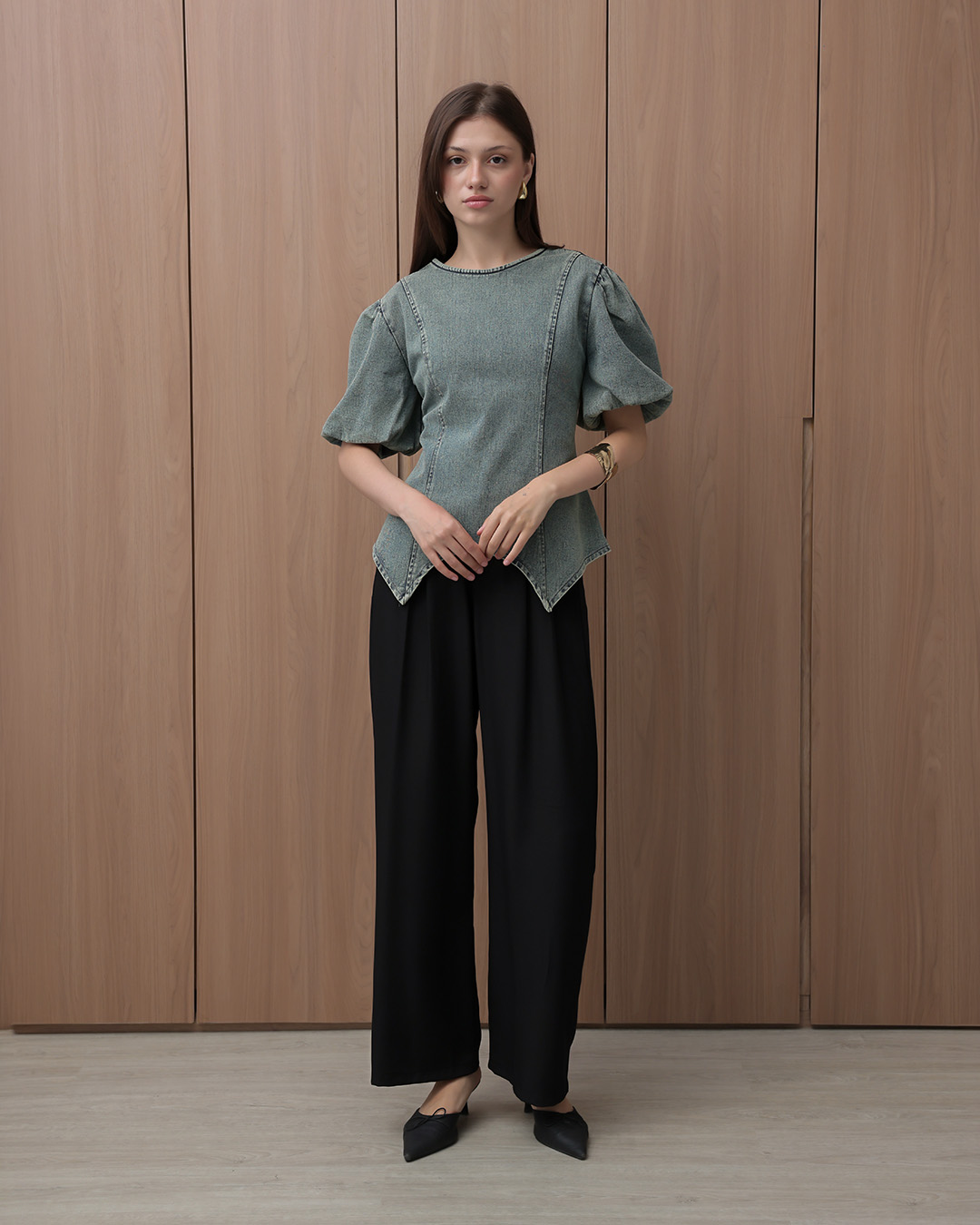 [Tutuloph] Cora Blouse | Atasan Denim Wanita Elegan | Lengan Pendek Puff | Denim Jeans Casual | Regular Casual Big Size