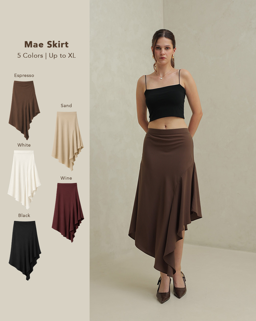 [Tutuloph] Mae Skirt | Rok Midi Ruffle Asimetris Wanita | Rok Gelombang Elegan & Stylish – Fit to Big Size, Cocok untuk Casual & Semi Formal Look