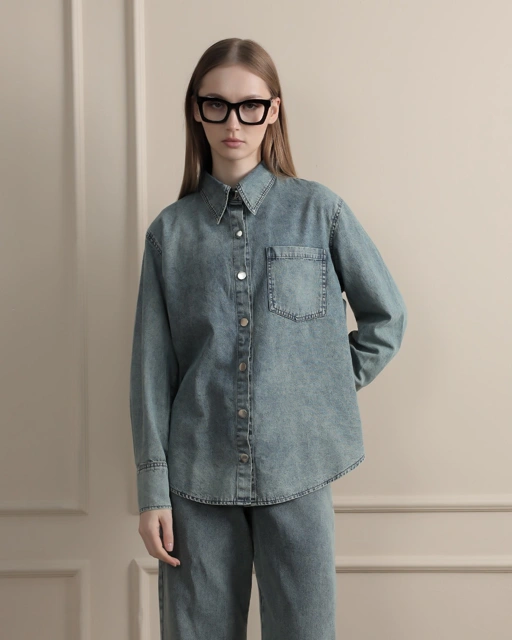 Image of [Tutuloph] Alvie Shirt | Kemeja Wanita Denim Oversized | Atasan Kancing Jeans Lengan Panjang | Long Shirt Casual Bigsize
