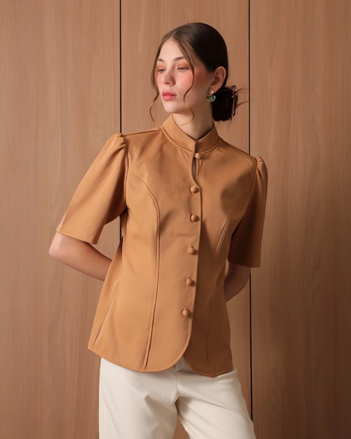 Image of [Tutuloph] Cathy Blouse | Blouse Wanita Lengan Pendek Kancing Depan Minimalist | Atasan Imlek Elegan | CNY Edition | Normal Big Size