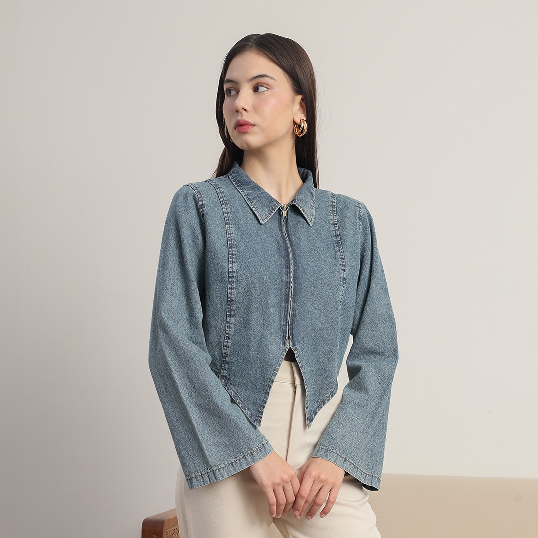 [Tutuloph] Amora Outer Top | Top Wanita Denim Jeans - Denim Collection | Jaket Zipper Outer Denim Navy Casual Fashion Normal Bigsize