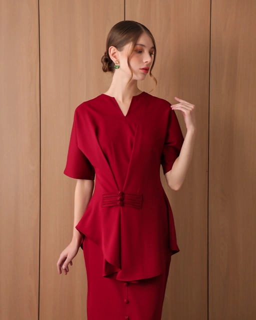 Image of [Tutuloph] Julie Blouse | Blouse Wanita Lengan Pendek Asymmetric V-Neck | Atasan Imlek Modern | CNY Edition | Normal Big Size