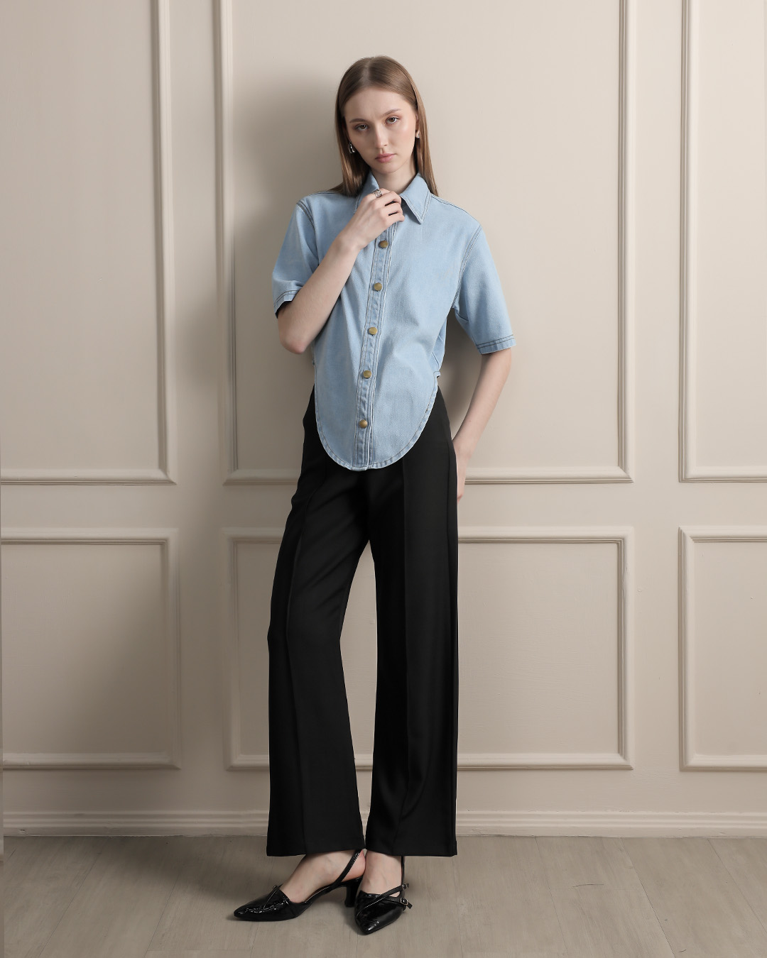 [Tutuloph] Luca Top | Atasan Denim Wanita Kerah Lengan Pendek | Asymmetric Denim Top | Casual Denim Collection | Regular Casual Big Size