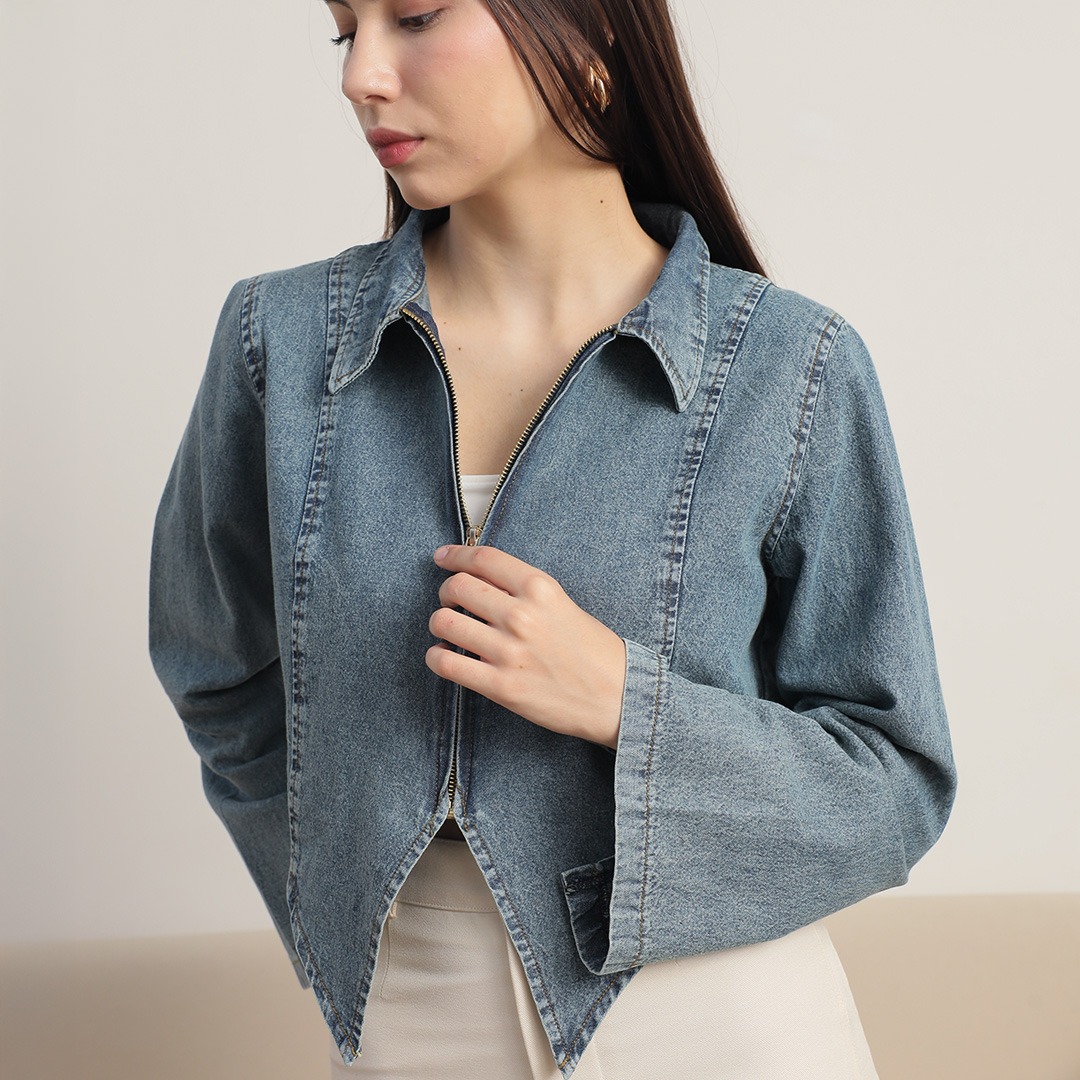 [Tutuloph] Amora Outer Top | Top Wanita Denim Jeans - Denim Collection | Jaket Zipper Outer Denim Navy Casual Fashion Normal Bigsize