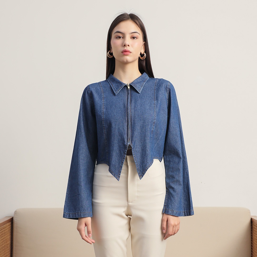[Tutuloph] Amora Outer Top | Top Wanita Denim Jeans - Denim Collection | Jaket Zipper Outer Denim Navy Casual Fashion Normal Bigsize