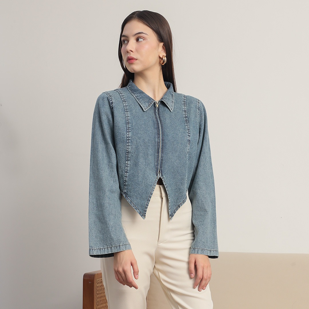 [Tutuloph] Amora Outer Top | Top Wanita Denim Jeans - Denim Collection | Jaket Zipper Outer Denim Navy Casual Fashion Normal Bigsize