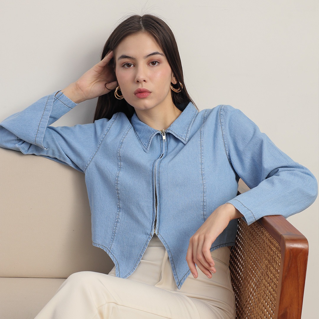 [Tutuloph] Amora Outer Top | Top Wanita Denim Jeans - Denim Collection | Jaket Zipper Outer Denim Navy Casual Fashion Normal Bigsize