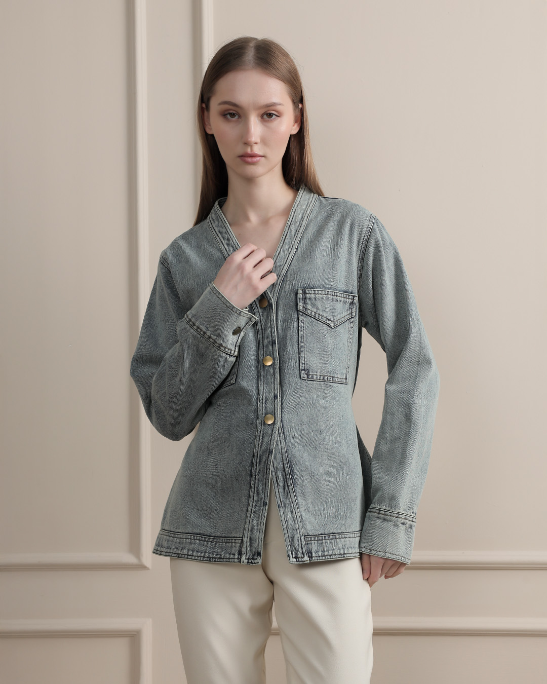 [Tutuloph] Eula Top | Atasan Wanita Denim V-Neck | Lengan Panjang Denim Jeans | Denim Collection Casual | Regular Casual Big Size