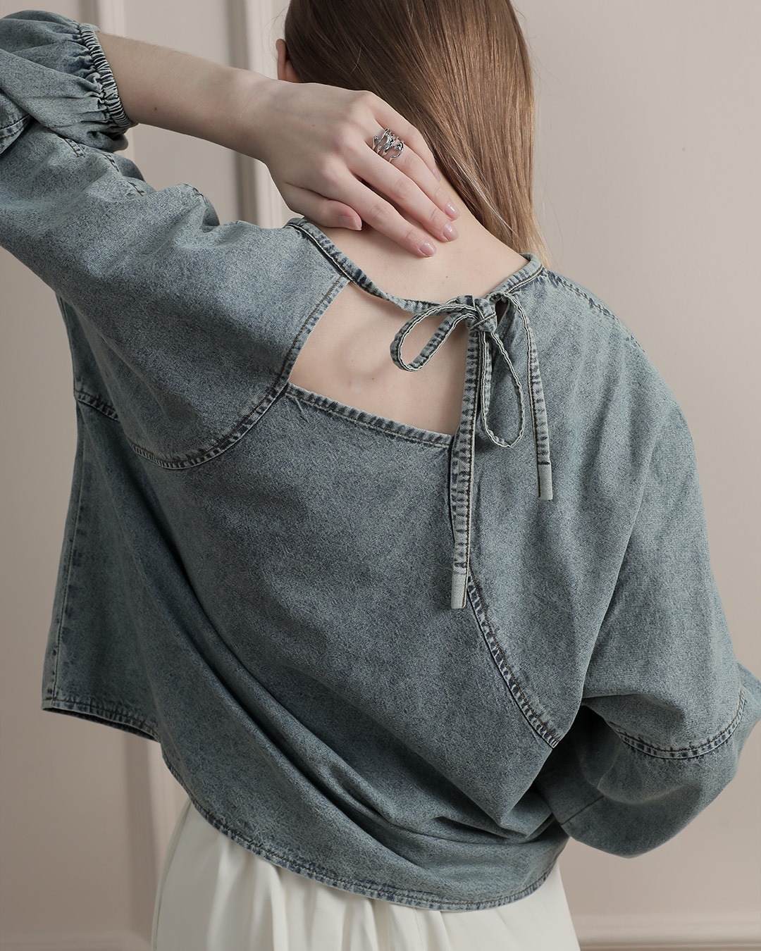 [Tutuloph] Stela Blouse | Top Wanita Denim Jeans - Denim Collection | Denim Tali Lengan Panjang | Casual Fashion Normal Bigsize