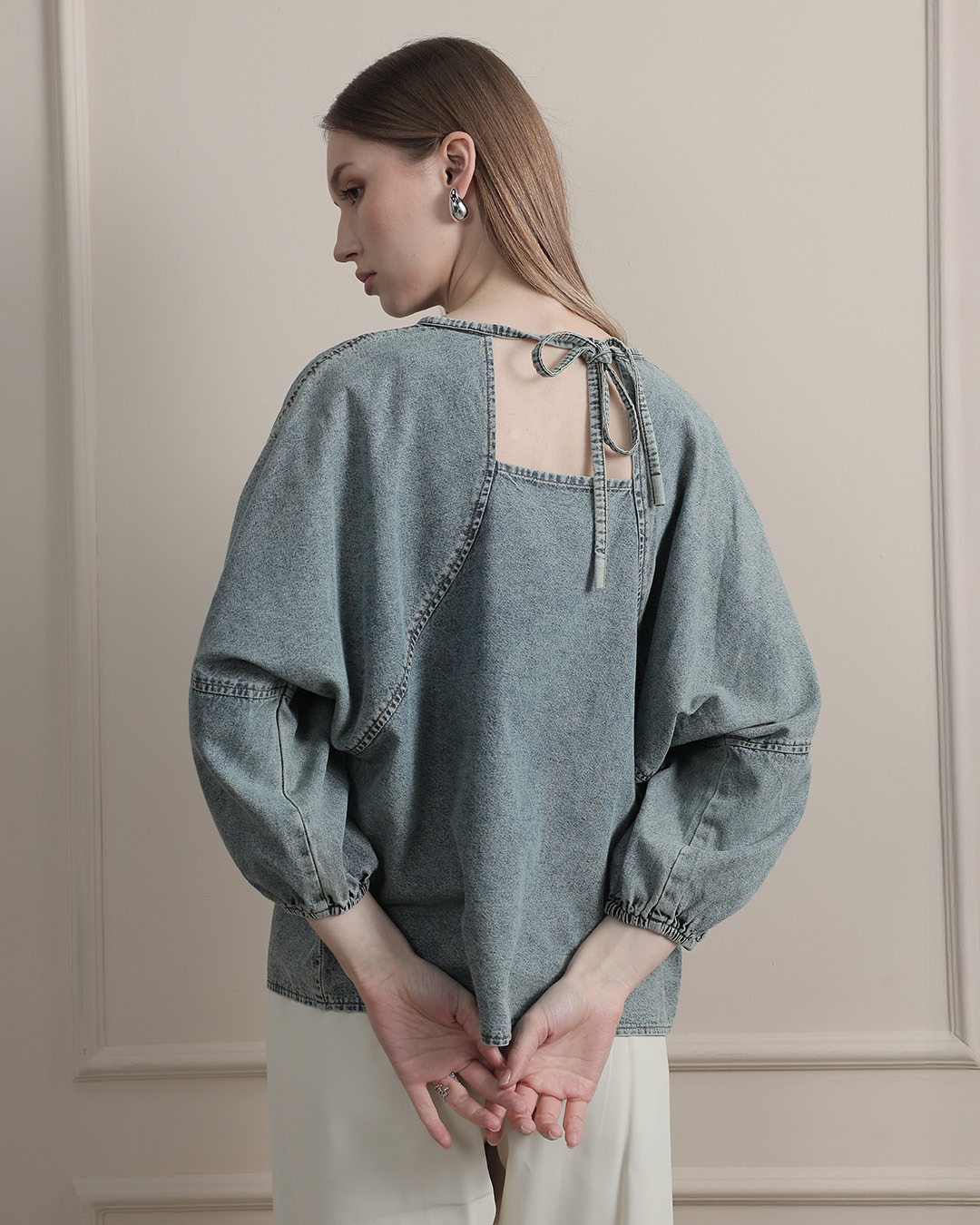 [Tutuloph] Stela Blouse | Top Wanita Denim Jeans - Denim Collection | Denim Tali Lengan Panjang | Casual Fashion Normal Bigsize