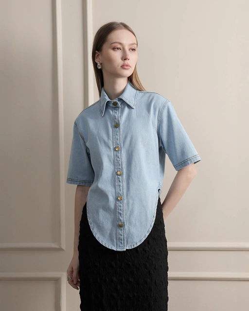 Image of [Tutuloph] Luca Top | Atasan Denim Wanita Kerah Lengan Pendek | Asymmetric Denim Top | Casual Denim Collection | Regular Casual Big Size