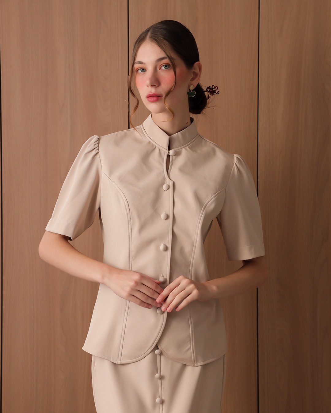 [Tutuloph] Cathy Blouse | Blouse Wanita Lengan Pendek Kancing Depan Minimalist | Atasan Imlek Elegan | CNY Edition | Normal Big Size