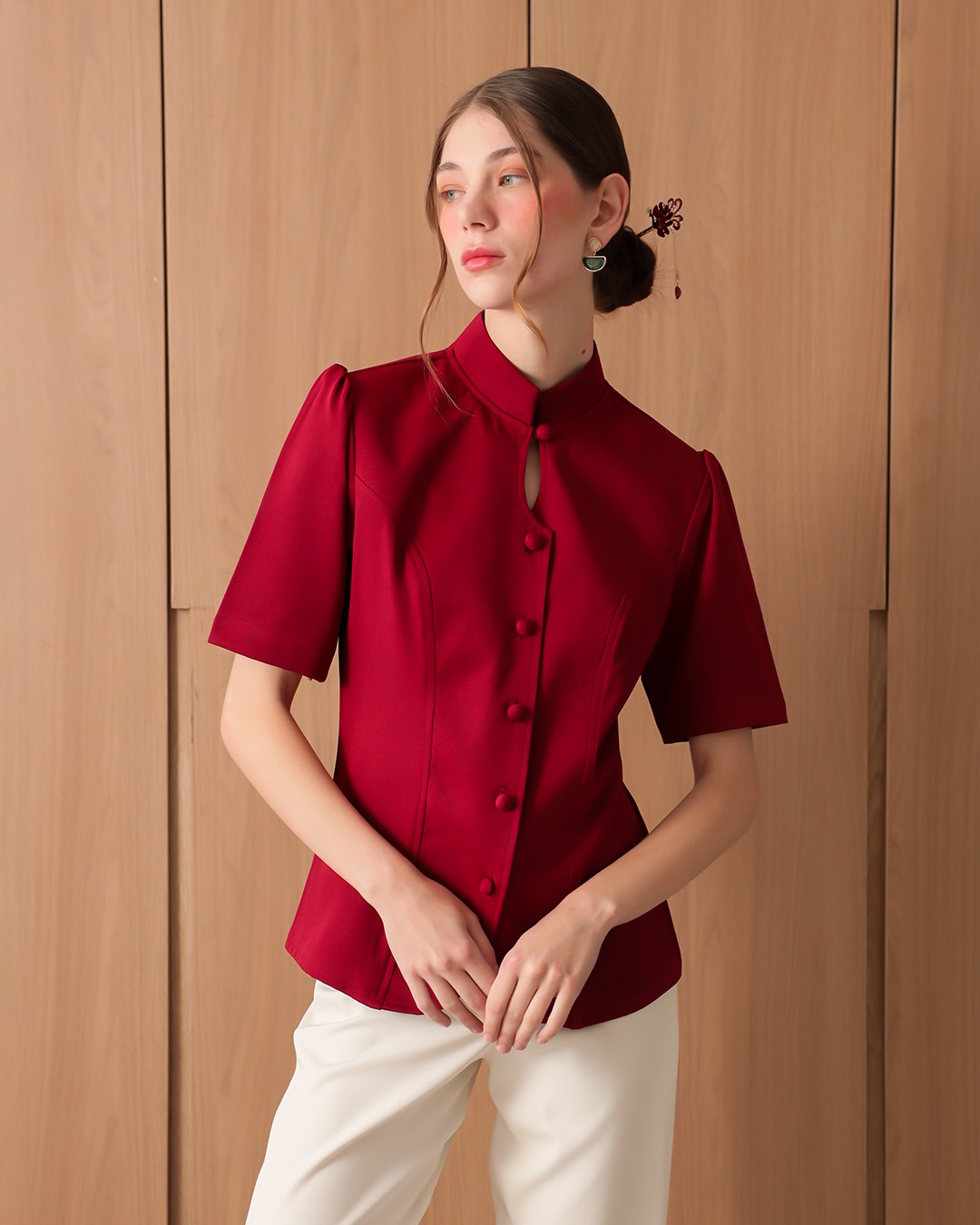 [Tutuloph] Cathy Blouse | Blouse Wanita Lengan Pendek Kancing Depan Minimalist | Atasan Imlek Elegan | CNY Edition | Normal Big Size