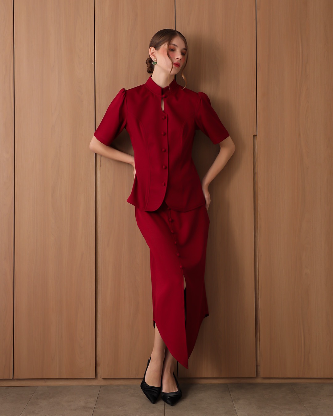 [Tutuloph] Cathy Blouse | Blouse Wanita Lengan Pendek Kancing Depan Minimalist | Atasan Imlek Elegan | CNY Edition | Normal Big Size