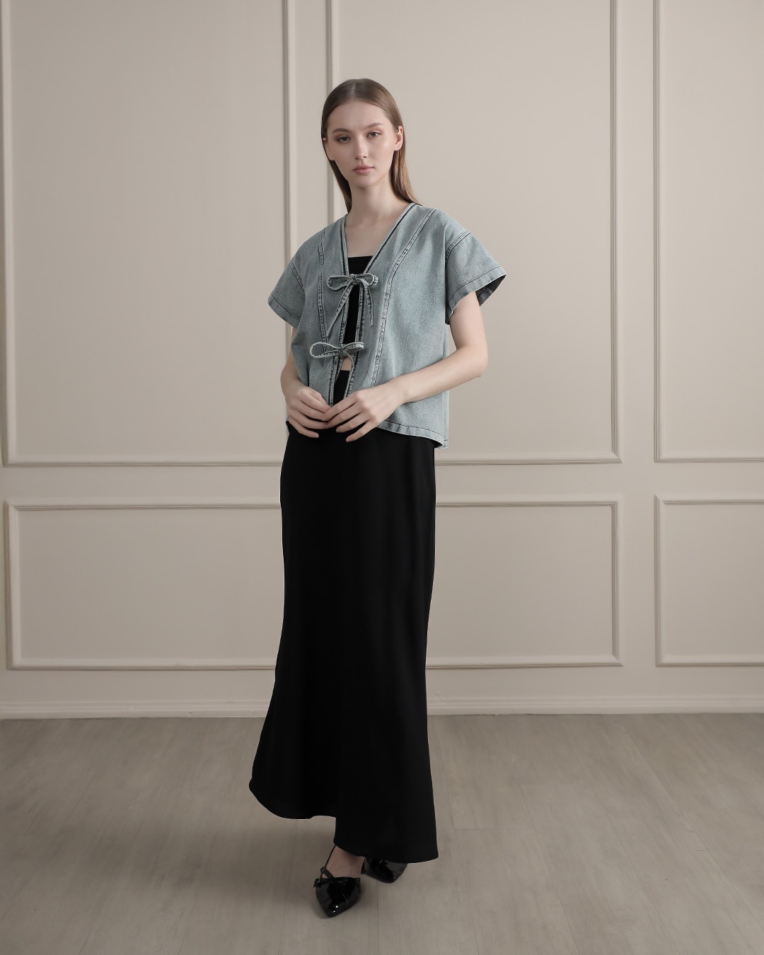 [Tutuloph] Claren Blouse | Top Wanita Denim Jeans - Denim Collection | Denim Tali Pita Lengan Pendek | Casual Fashion Normal Bigsize