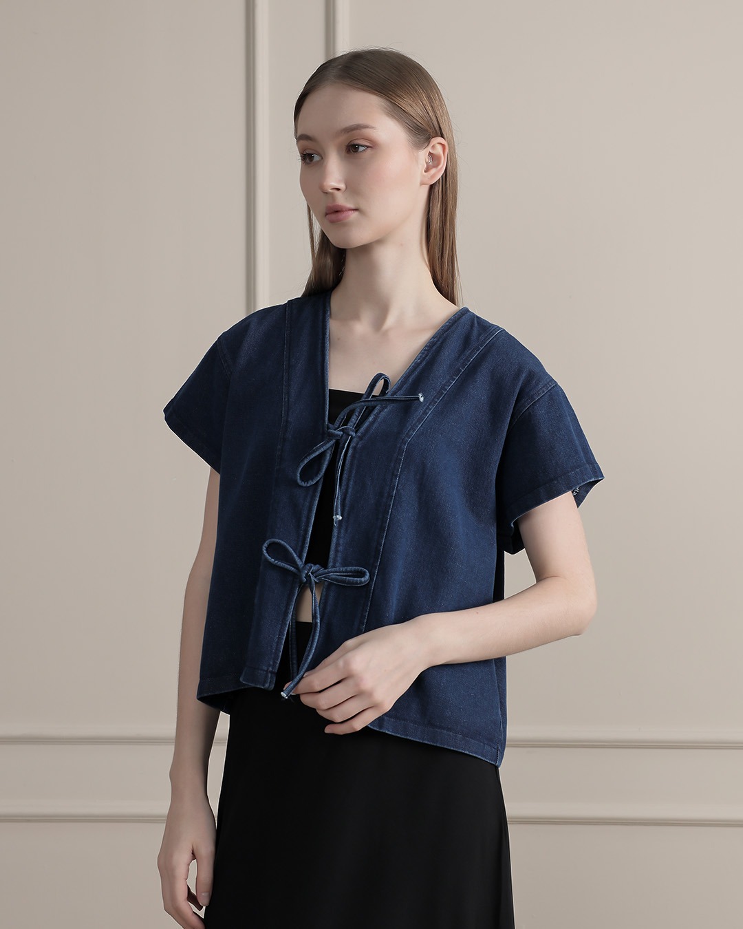 [Tutuloph] Claren Blouse | Top Wanita Denim Jeans - Denim Collection | Denim Tali Pita Lengan Pendek | Casual Fashion Normal Bigsize