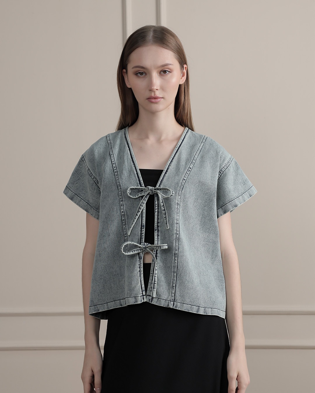 [Tutuloph] Claren Blouse | Top Wanita Denim Jeans - Denim Collection | Denim Tali Pita Lengan Pendek | Casual Fashion Normal Bigsize