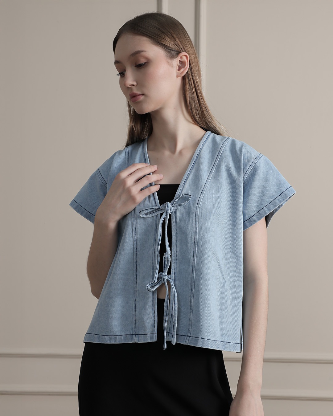 [Tutuloph] Claren Blouse | Top Wanita Denim Jeans - Denim Collection | Denim Tali Pita Lengan Pendek | Casual Fashion Normal Bigsize