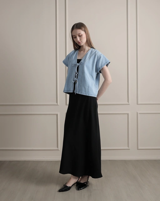 Image of [Tutuloph] Claren Blouse | Top Wanita Denim Jeans - Denim Collection | Denim Tali Pita Lengan Pendek | Casual Fashion Normal Bigsize