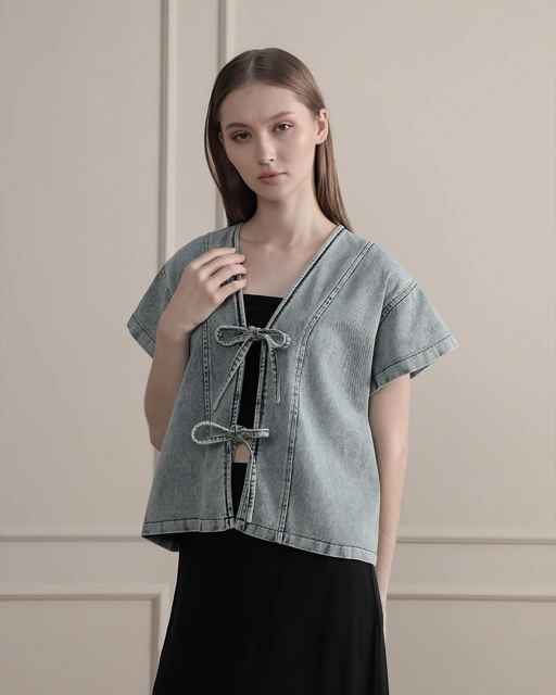 Image of [Tutuloph] Claren Blouse | Top Wanita Denim Jeans - Denim Collection | Denim Tali Pita Lengan Pendek | Casual Fashion Normal Bigsize