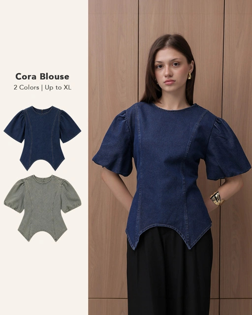 [Tutuloph] Cora Blouse | Atasan Denim Wanita Elegan | Lengan Pendek Puff | Denim Jeans Casual | Regular Casual Big Size
