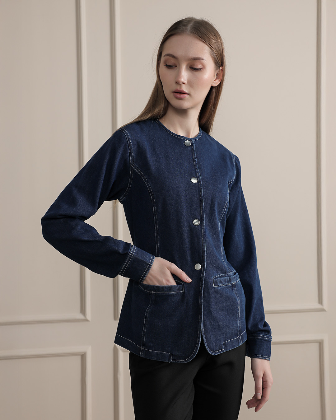[Tutuloph] Enia Top | Atasan Denim Wanita Kancing Depan | Lengan Panjang Tali Belakang | Denim Jeans Casual | Regular Casual Big Size