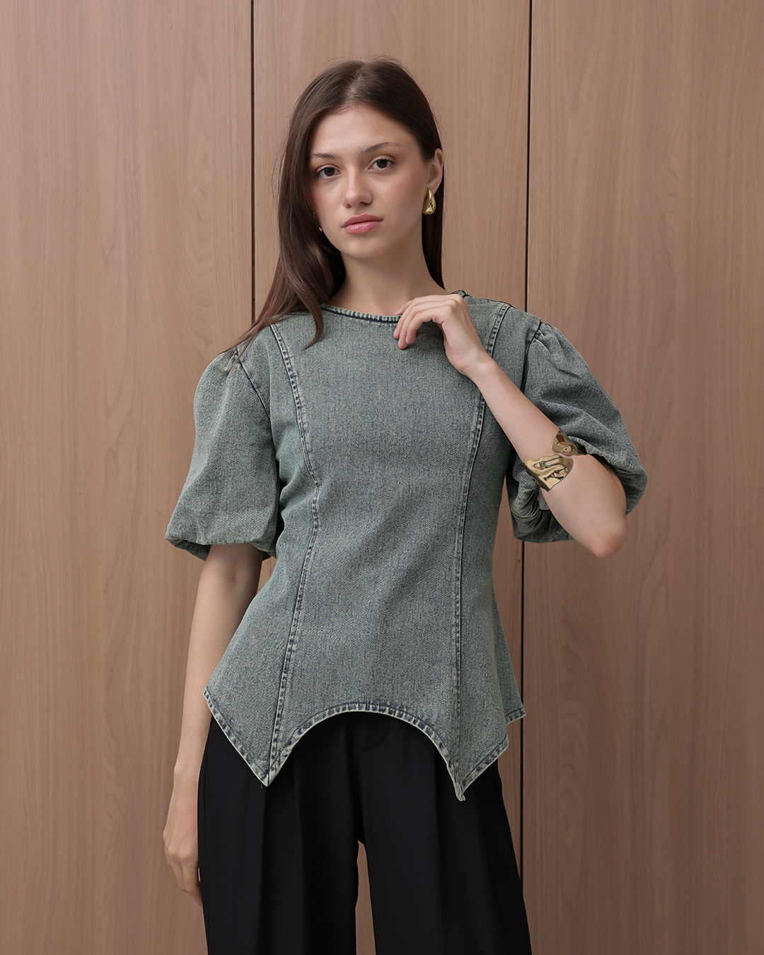 [Tutuloph] Cora Blouse | Atasan Denim Wanita Elegan | Lengan Pendek Puff | Denim Jeans Casual | Regular Casual Big Size