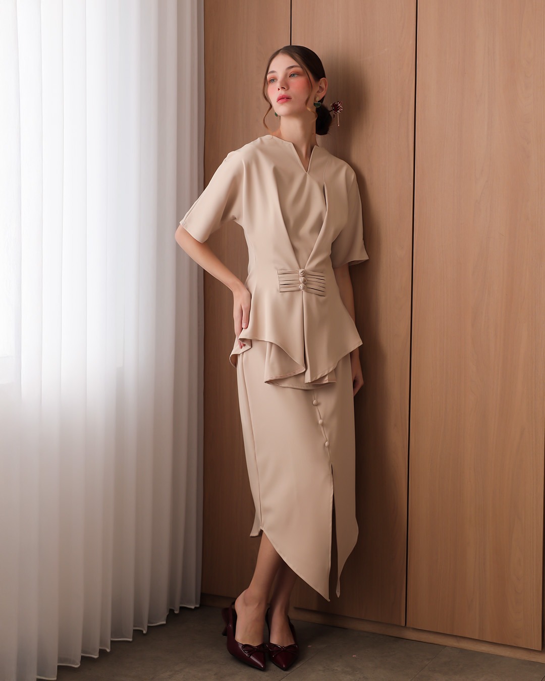 [Tutuloph] Julie Blouse | Blouse Wanita Lengan Pendek Asymmetric V-Neck | Atasan Imlek Modern | CNY Edition | Normal Big Size