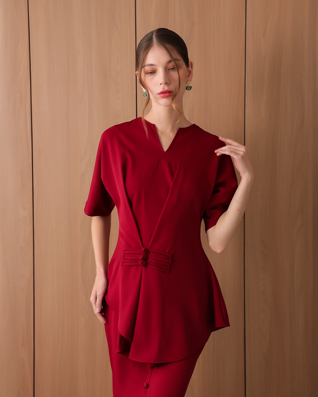 [Tutuloph] Julie Blouse | Blouse Wanita Lengan Pendek Asymmetric V-Neck | Atasan Imlek Modern | CNY Edition | Normal Big Size
