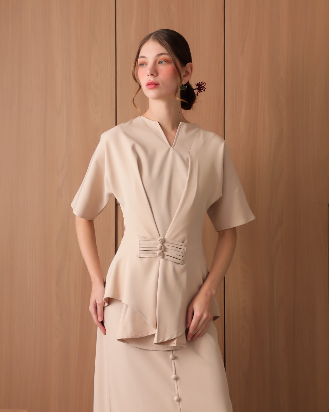 [Tutuloph] Julie Blouse | Blouse Wanita Lengan Pendek Asymmetric V-Neck | Atasan Imlek Modern | CNY Edition | Normal Big Size