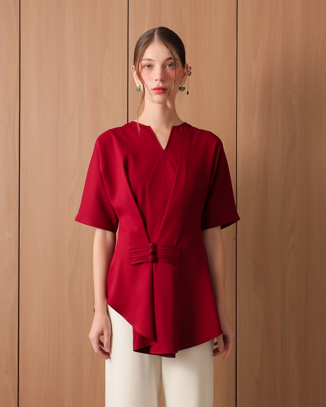 [Tutuloph] Julie Blouse | Blouse Wanita Lengan Pendek Asymmetric V-Neck | Atasan Imlek Modern | CNY Edition | Normal Big Size