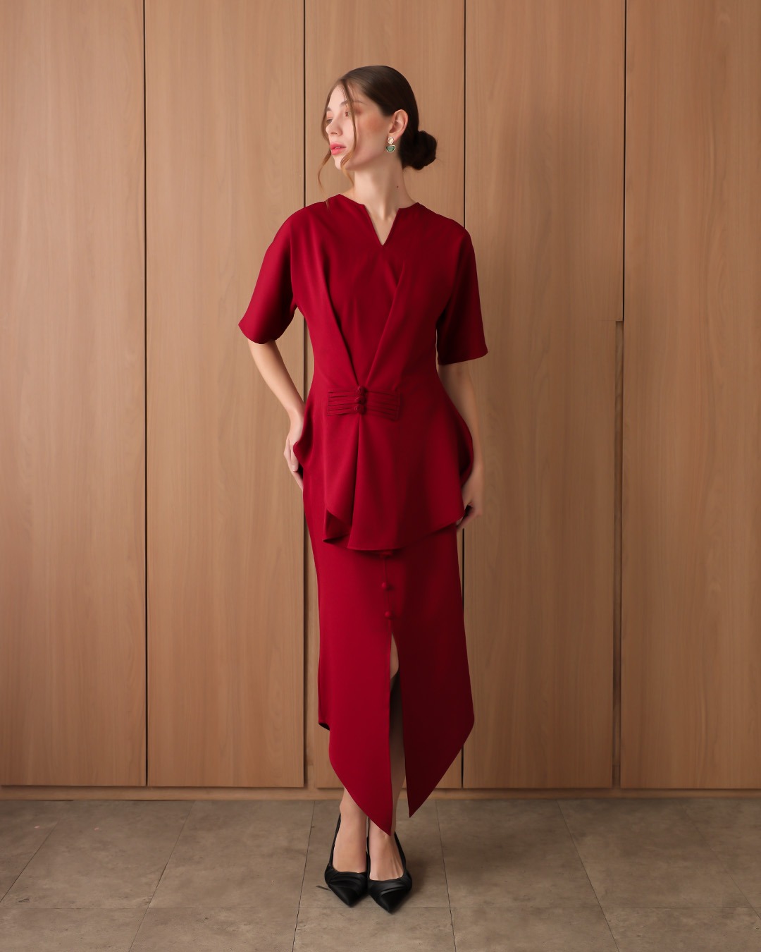 [Tutuloph] Julie Blouse | Blouse Wanita Lengan Pendek Asymmetric V-Neck | Atasan Imlek Modern | CNY Edition | Normal Big Size