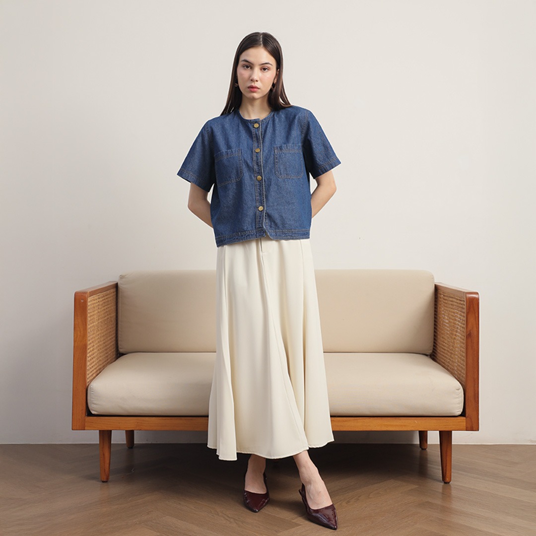 [Tutuloph] Sara Blouse Button Top | Top Wanita Denim Jeans - Denim Collection | Denim Kancing Lengan Pendek Denim Casual Fashion Normal Bigsize