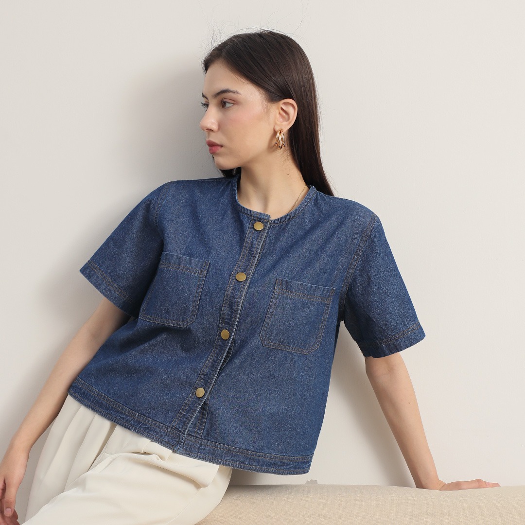 [Tutuloph] Sara Blouse Button Top | Top Wanita Denim Jeans - Denim Collection | Denim Kancing Lengan Pendek Denim Casual Fashion Normal Bigsize