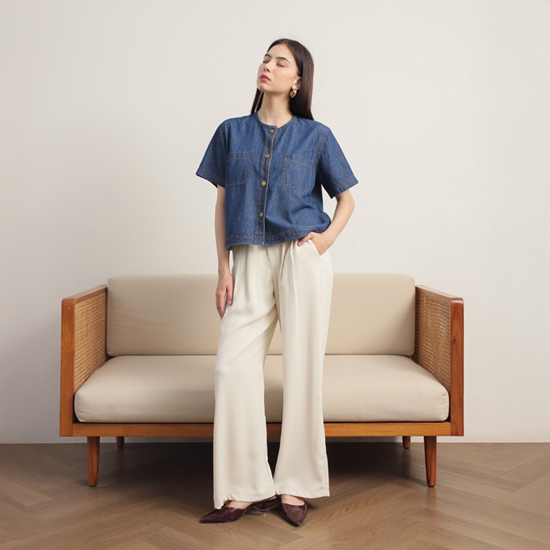 [Tutuloph] Sara Blouse Button Top | Top Wanita Denim Jeans - Denim Collection | Denim Kancing Lengan Pendek Denim Casual Fashion Normal Bigsize