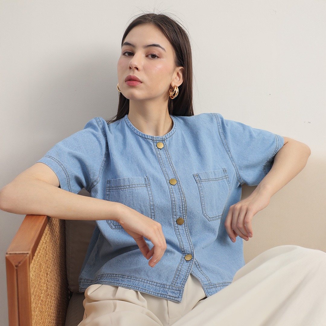 [Tutuloph] Sara Blouse Button Top | Top Wanita Denim Jeans - Denim Collection | Denim Kancing Lengan Pendek Denim Casual Fashion Normal Bigsize