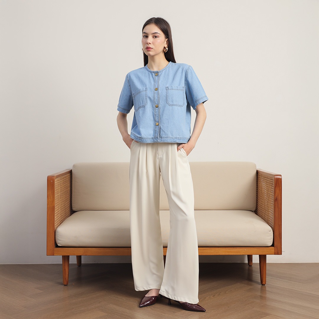 [Tutuloph] Sara Blouse Button Top | Top Wanita Denim Jeans - Denim Collection | Denim Kancing Lengan Pendek Denim Casual Fashion Normal Bigsize