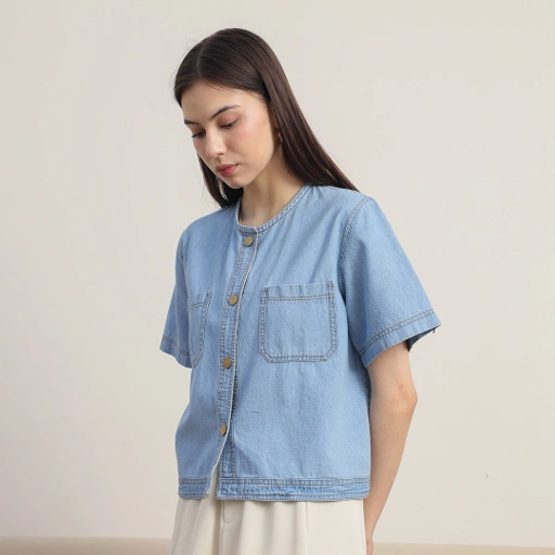 Image of [Tutuloph] Sara Blouse Button Top | Top Wanita Denim Jeans - Denim Collection | Denim Kancing Lengan Pendek Denim Casual Fashion Normal Bigsize