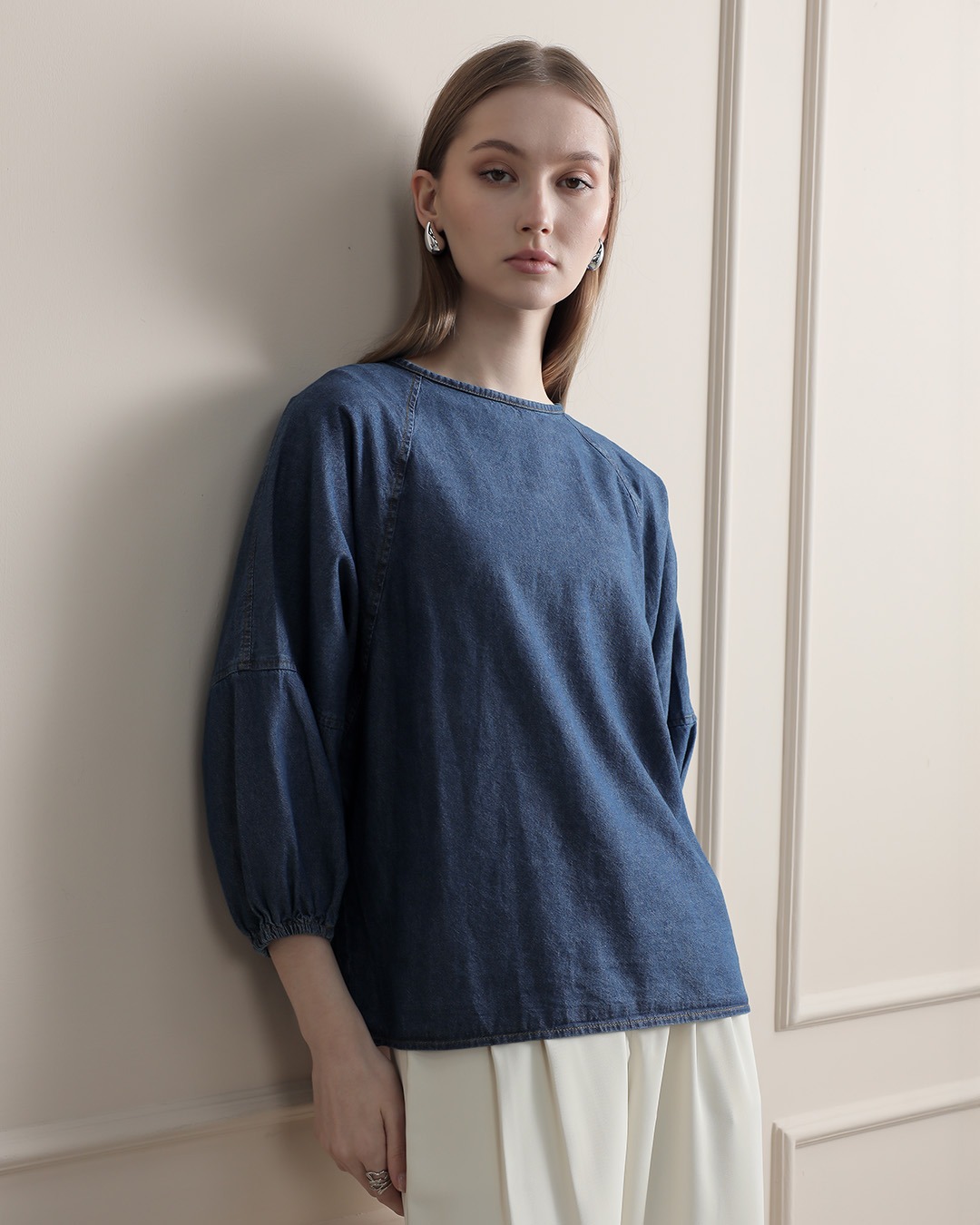 [Tutuloph] Stela Blouse | Top Wanita Denim Jeans - Denim Collection | Denim Tali Lengan Panjang | Casual Fashion Normal Bigsize