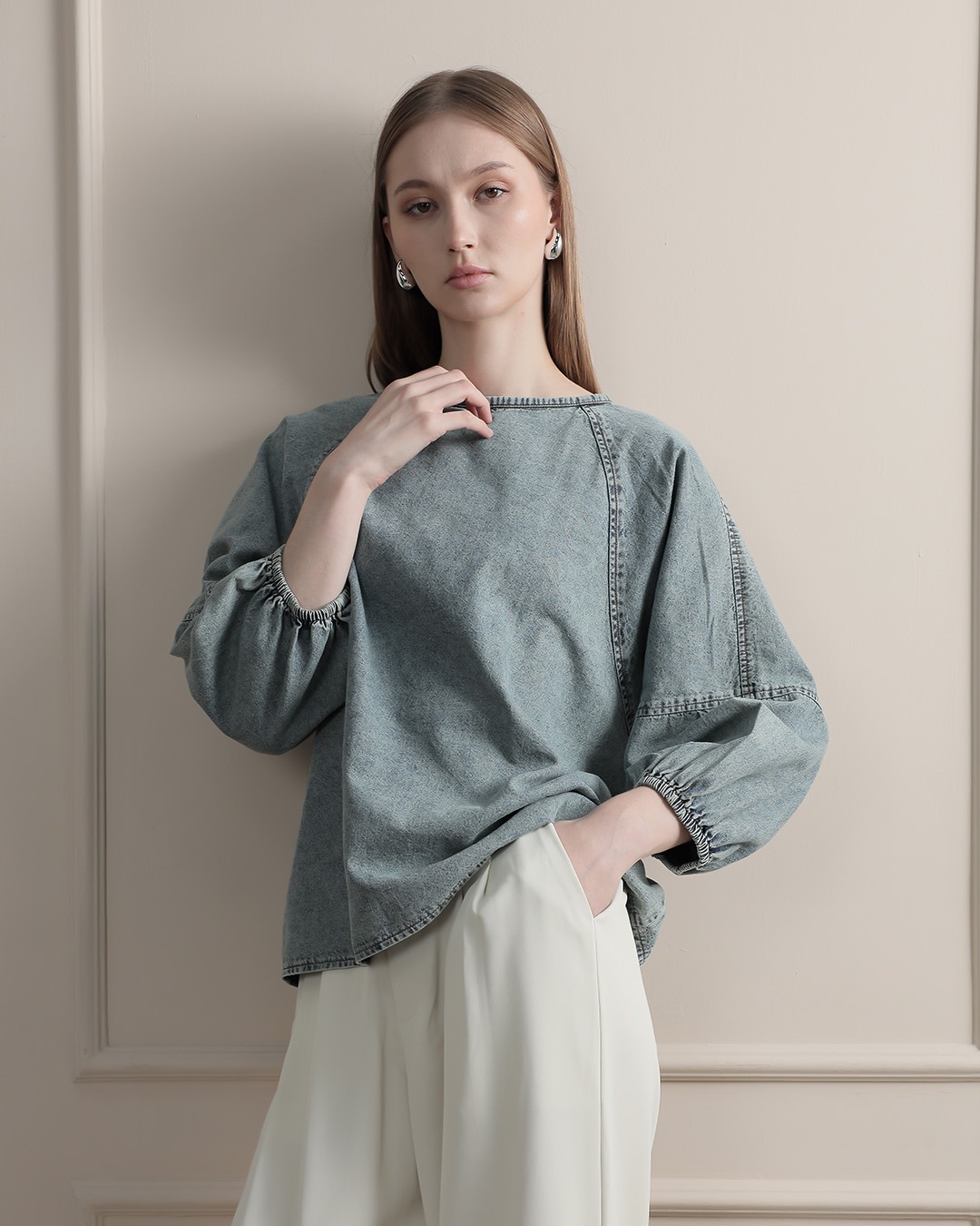 [Tutuloph] Stela Blouse | Top Wanita Denim Jeans - Denim Collection | Denim Tali Lengan Panjang | Casual Fashion Normal Bigsize