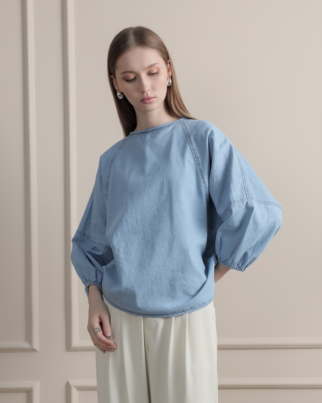 [Tutuloph] Stela Blouse | Top Wanita Denim Jeans - Denim Collection | Denim Tali Lengan Panjang | Casual Fashion Normal Bigsize