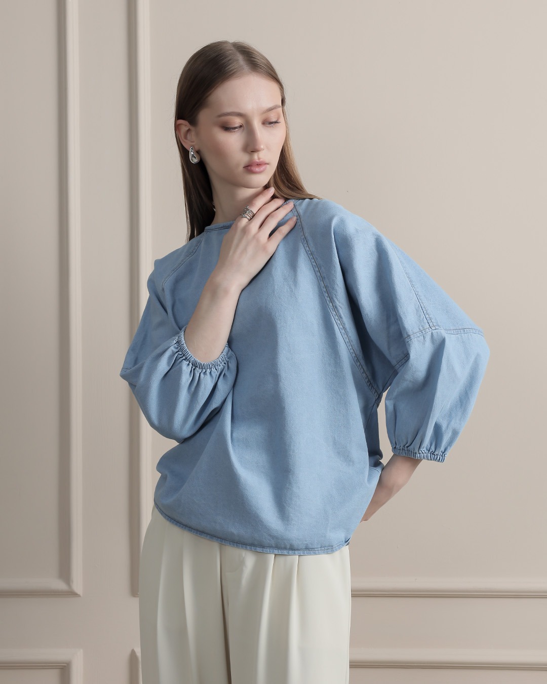 [Tutuloph] Stela Blouse | Top Wanita Denim Jeans - Denim Collection | Denim Tali Lengan Panjang | Casual Fashion Normal Bigsize