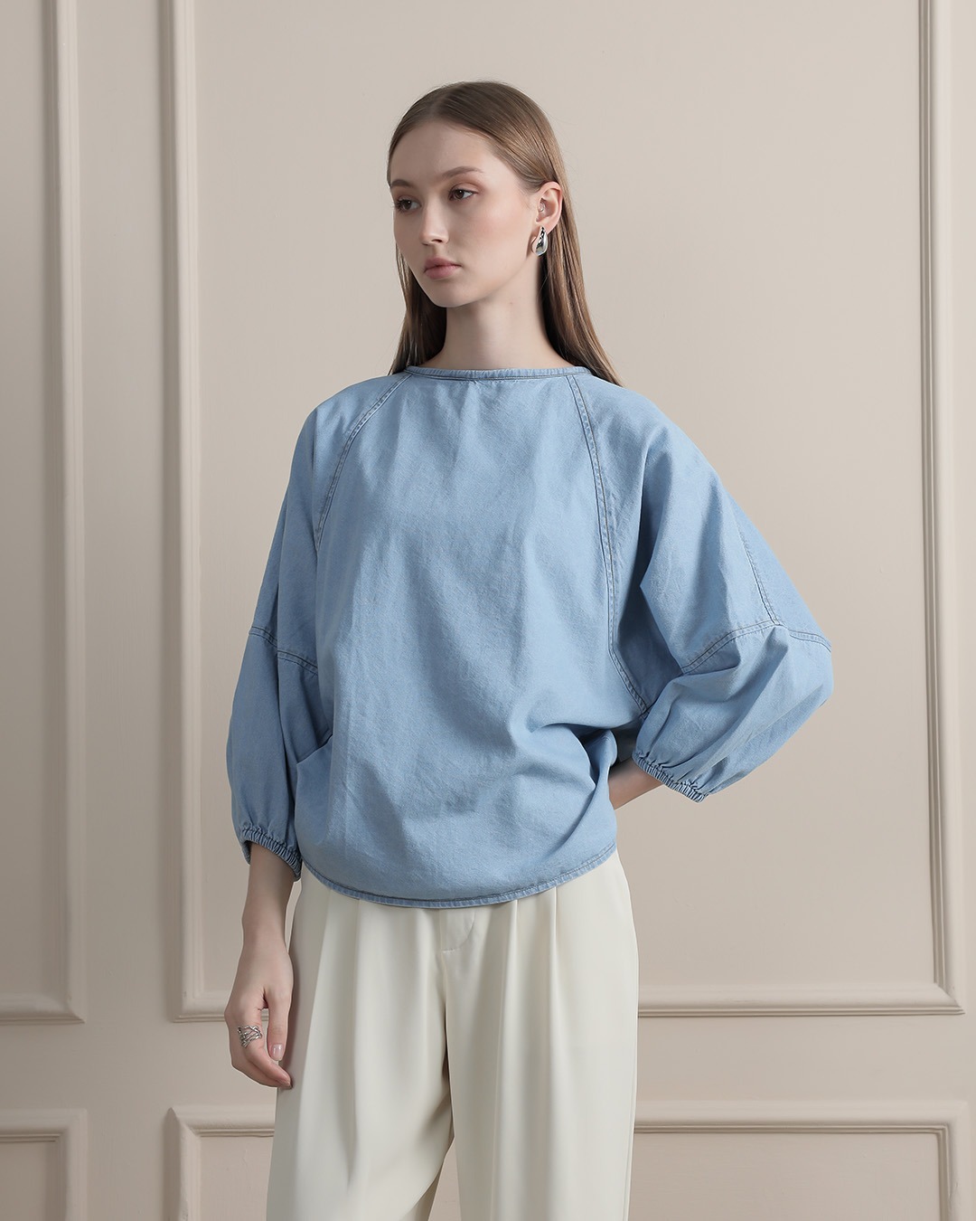 [Tutuloph] Stela Blouse | Top Wanita Denim Jeans - Denim Collection | Denim Tali Lengan Panjang | Casual Fashion Normal Bigsize