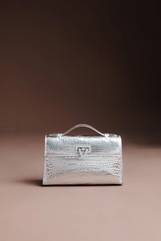 Image of PO The Luxury Exotic Heart Bag - Silver Crocodile with Crystal Buckle Start Shipping MAY 2026