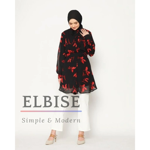 Image of Elbise Aleyya Tunik Ceruty Premium Super Lembut Flowy Desain Pita Leher Tali Pinggang Lepas Motif Daun Cantik Biru Merah