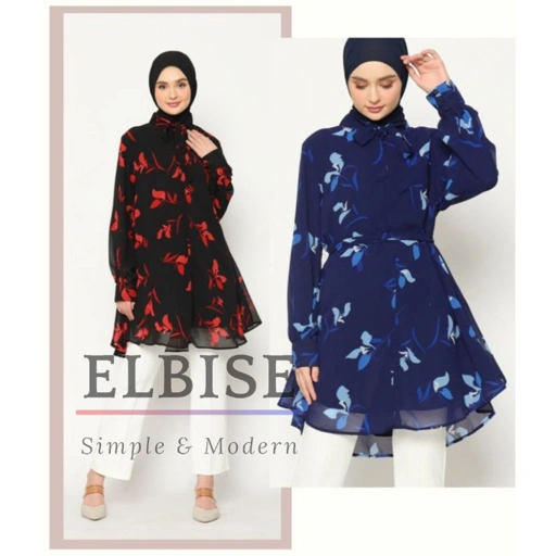 Image of Elbise Aleyya Tunik Ceruty Premium Super Lembut Flowy Desain Pita Leher Tali Pinggang Lepas Motif Daun Cantik Biru Merah