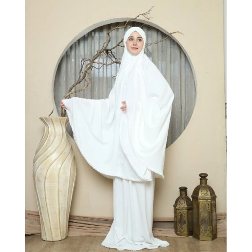 Image of Elbise Beyza Prayerset - Mukena Simple Putih Jumbo / Mukena Set Renda Kecil Polos Anggun
